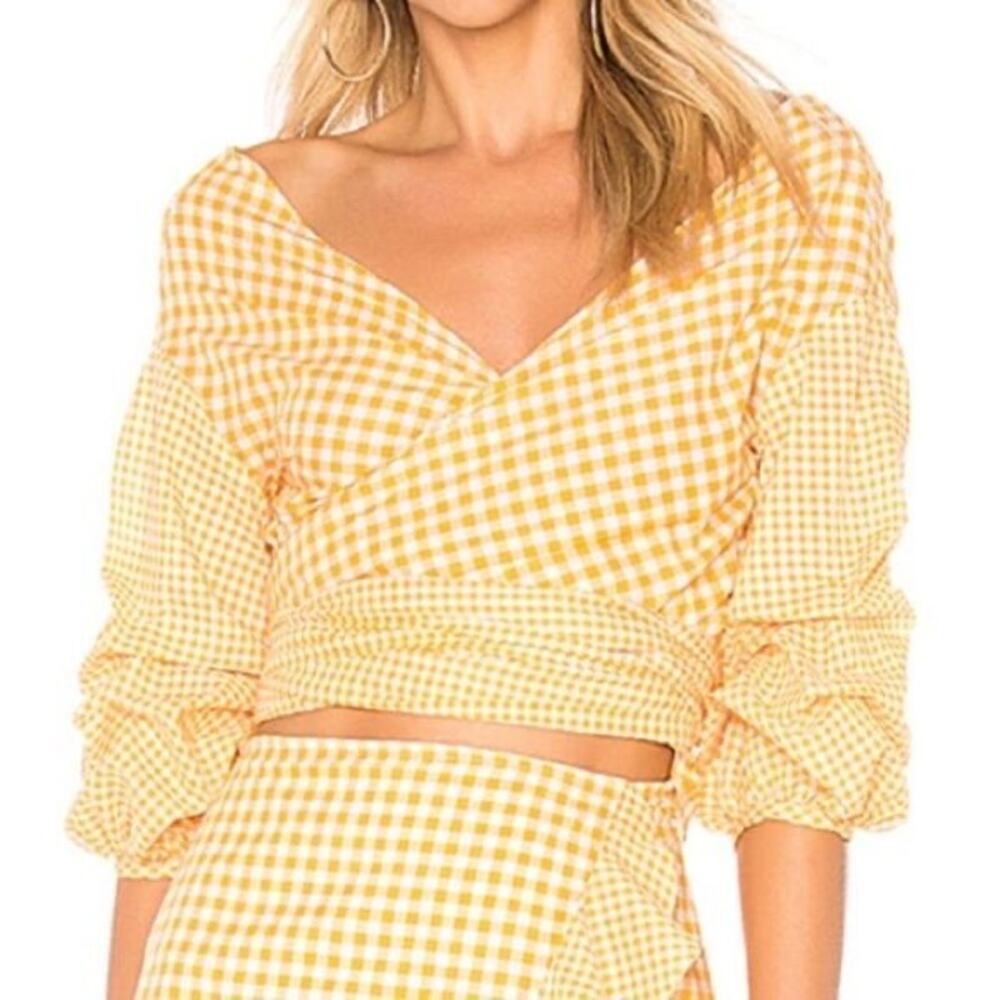 Lovers + Friends Yellow Gingham Wrap Crop Top V-Neck Puff Sleeve Bow Blouse Sz S